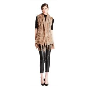 Belle Fare Lenzen Knitted Rabbit Fur&Wool Open Front Vest with Fringe ,OS